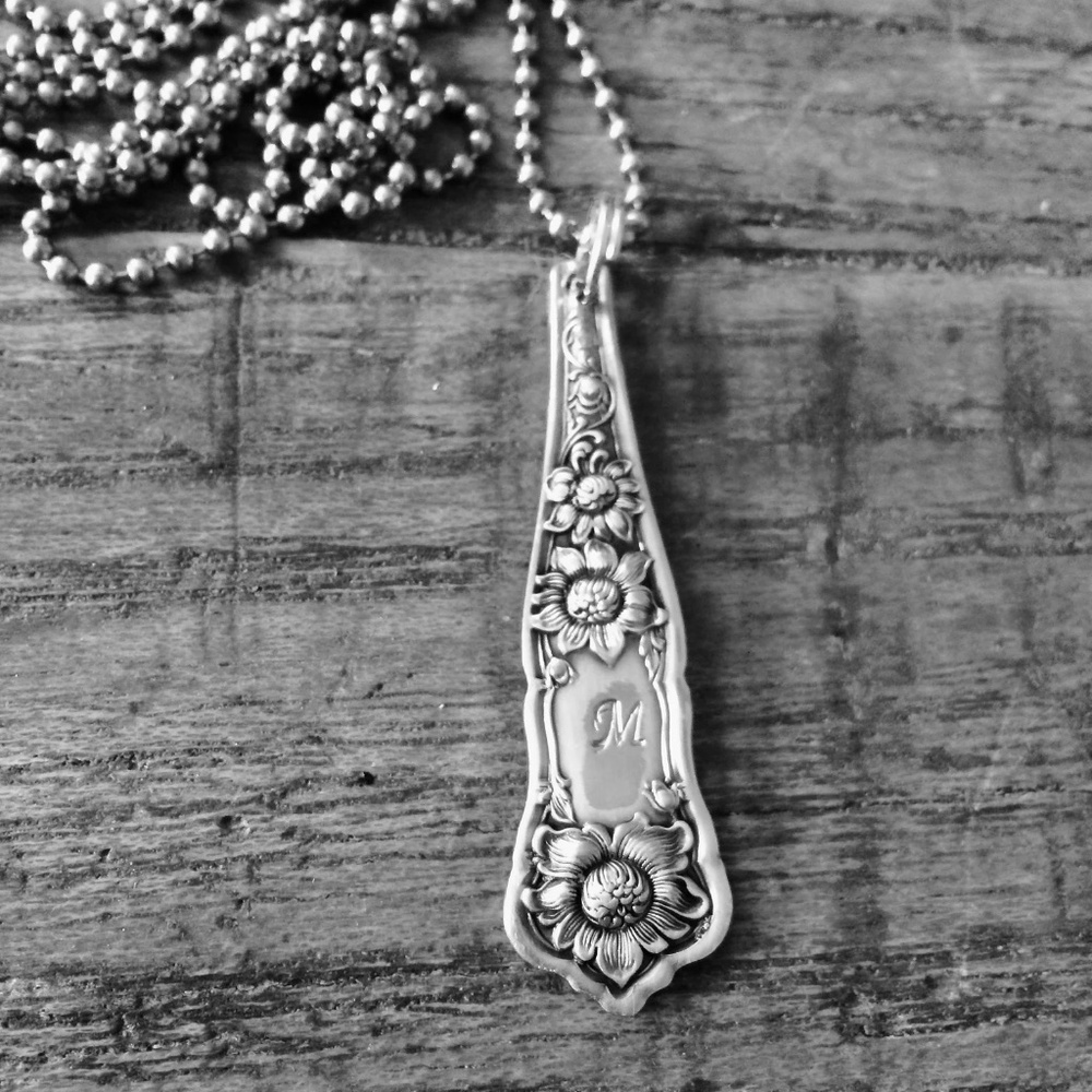 vintage silverplate flatware necklace pendant MONOGRAM M hand crafted sunflowers